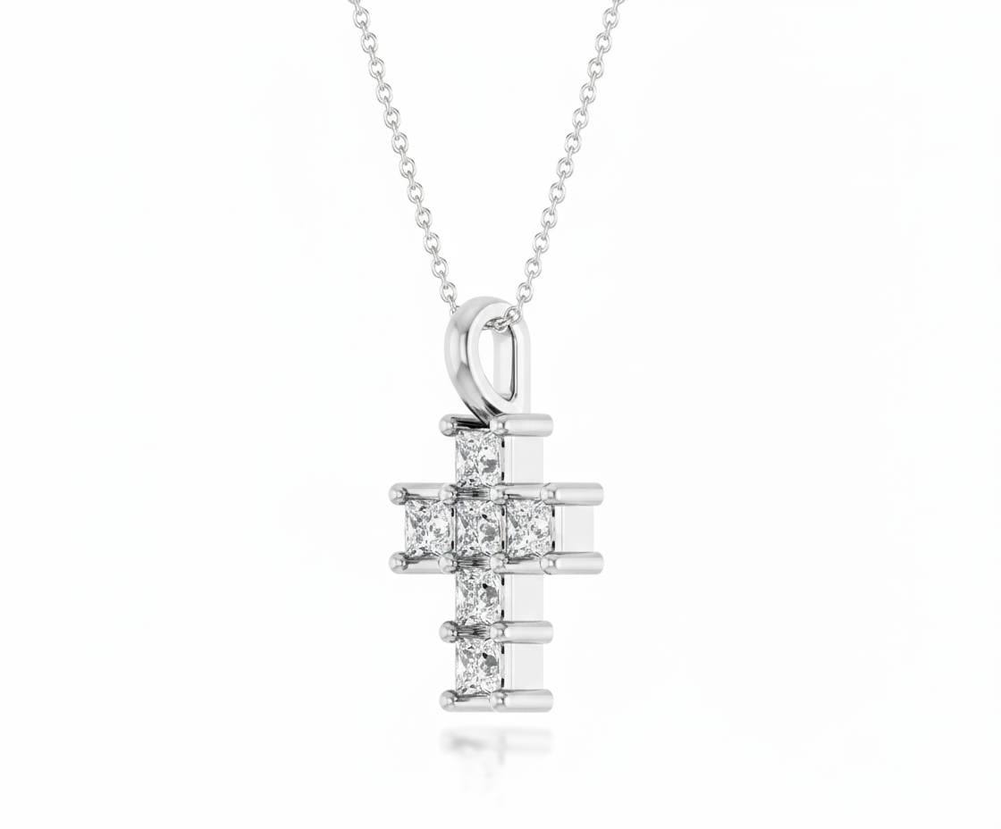 The Light Princess Cut Diamond Cross Necklace - WG